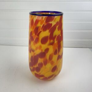 Damon MacNaught Blown Modern Art Glass Cylinder Vase Yellow Red Confetti Signed